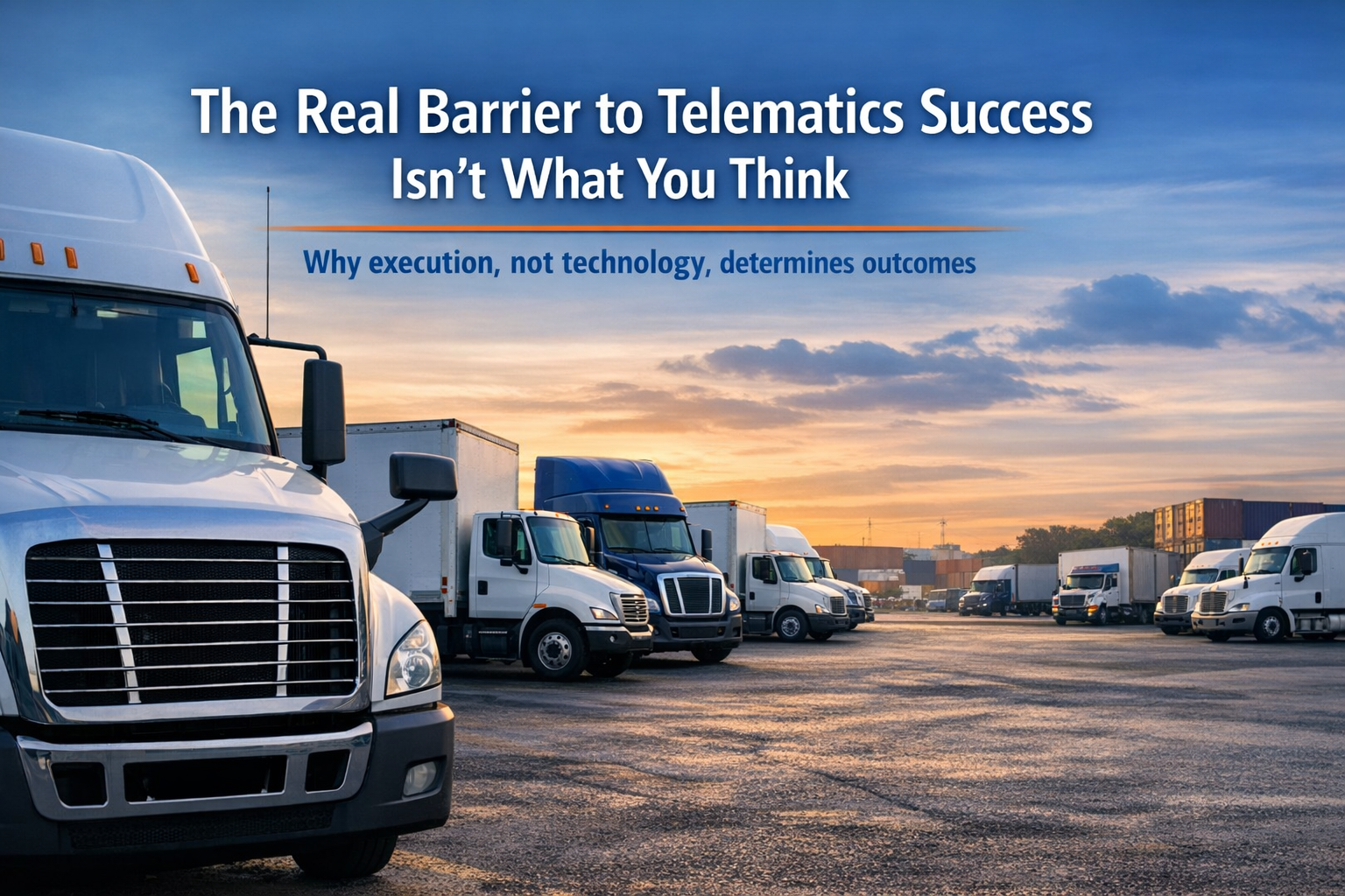 Fleet of commercial trucks parked at dawn with headline about telematics success and execution
