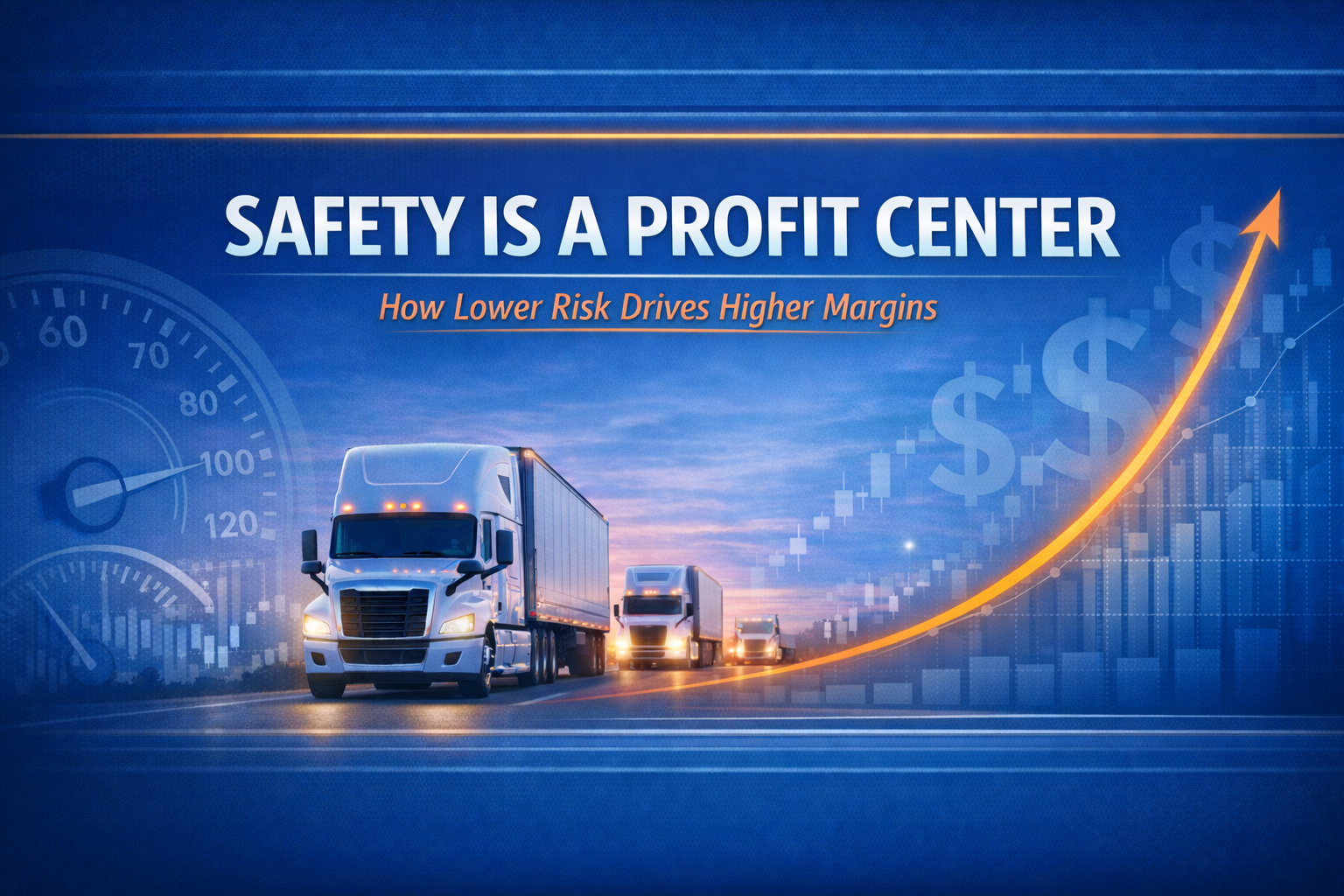 Commercial fleet trucks on highway with financial overlay illustrating fleet safety ROI and insurance premium impact