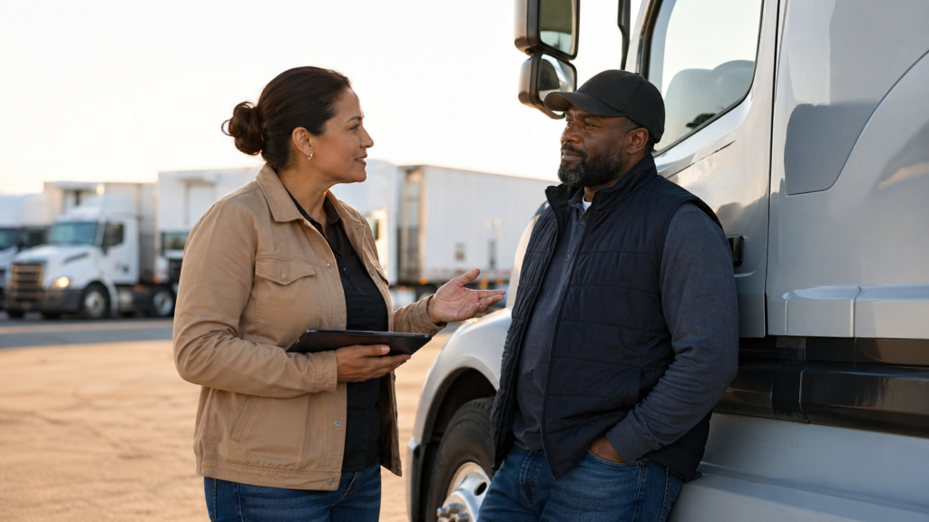 Fleet safety manager coaching a commercial truck driver in a fleet yard, illustrating the human element of telematics programs