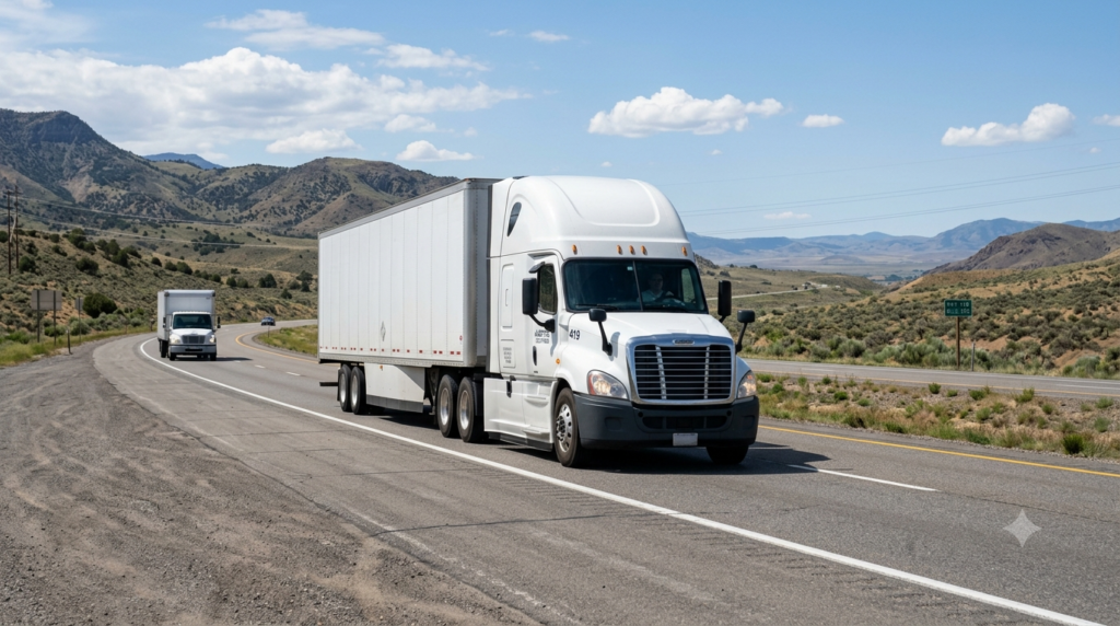 Commercial fleet truck on a highway, illustrating rising commercial auto insurance costs and fleet safety