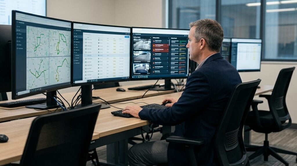 Fleet safety manager reviewing multiple monitors of alerts and dashboards in an operations room, illustrating information overload in fleet risk management